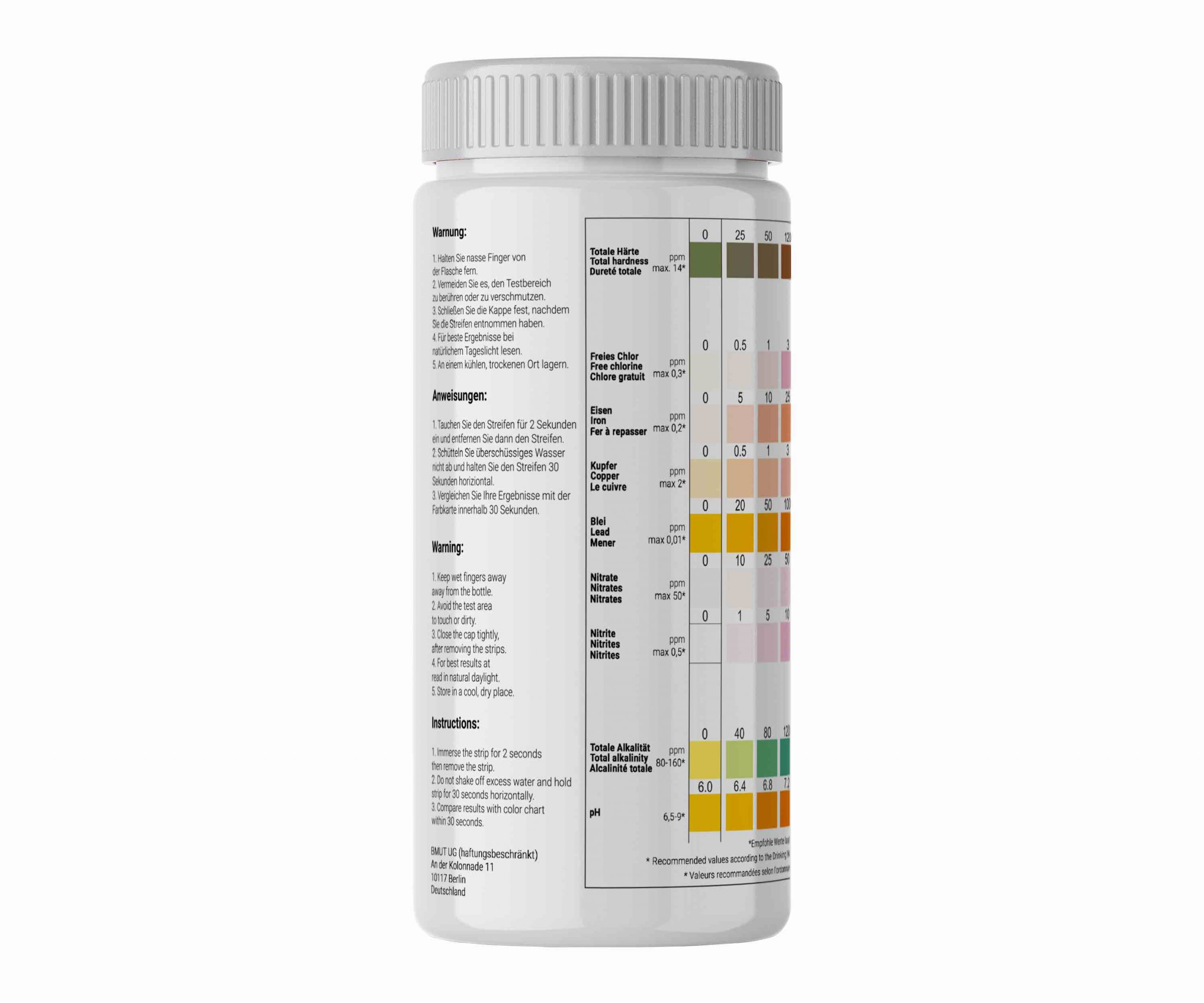 100x 16in1 Trinkwasser Teststreifen für Leitungswasser Wasserqualität  Analyse Gesamthärte Eisen, Blei Kupfer Nitrat etc. - BMUT®