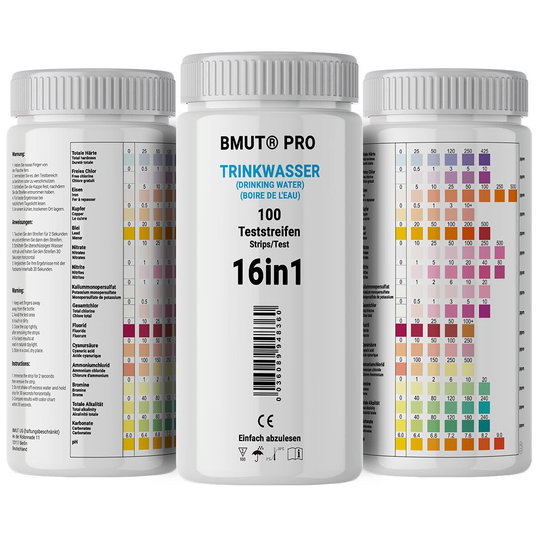 100x 16in1 Trinkwasser Teststreifen für Leitungswasser Wasserqualität  Analyse Gesamthärte Eisen, Blei Kupfer Nitrat etc. - BMUT®