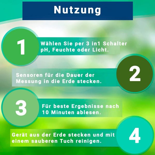 3in1 Bodentester, Boden-Feuchtigkeitsmessgerät, pH-Wert, Licht, ERD-Feuchtigkeitsmesser, Bodenmessgerät für Garten Zimmerpflanzen und Landwirtschaft - Image 7