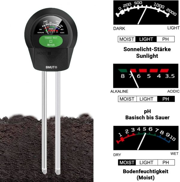 3in1 Bodentester, Boden-Feuchtigkeitsmessgerät, pH-Wert, Licht, ERD-Feuchtigkeitsmesser, Bodenmessgerät für Garten Zimmerpflanzen und Landwirtschaft - Image 6
