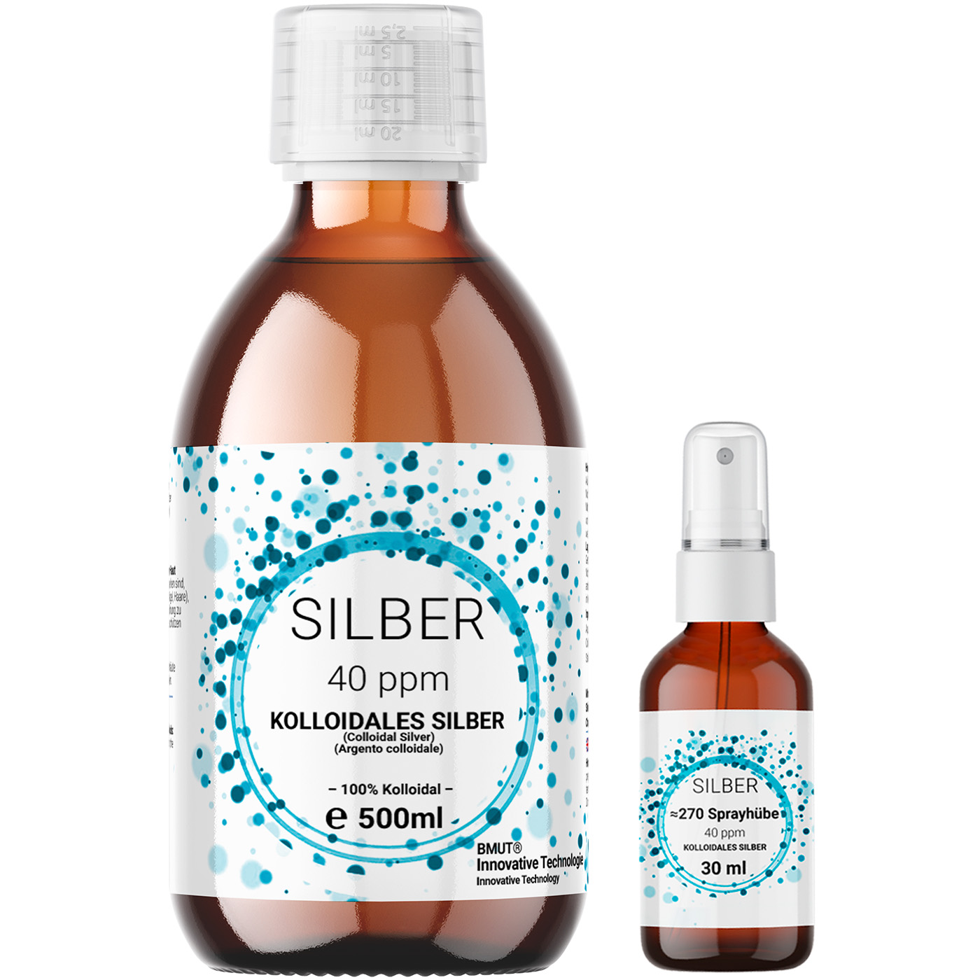 1x 500ml Kolloidales Silber (40 ppm) in Braunglasflasche mit 30ml Spray- Sprühflasche | Silberwasser | Reinstwasser | 100% Kolloidal