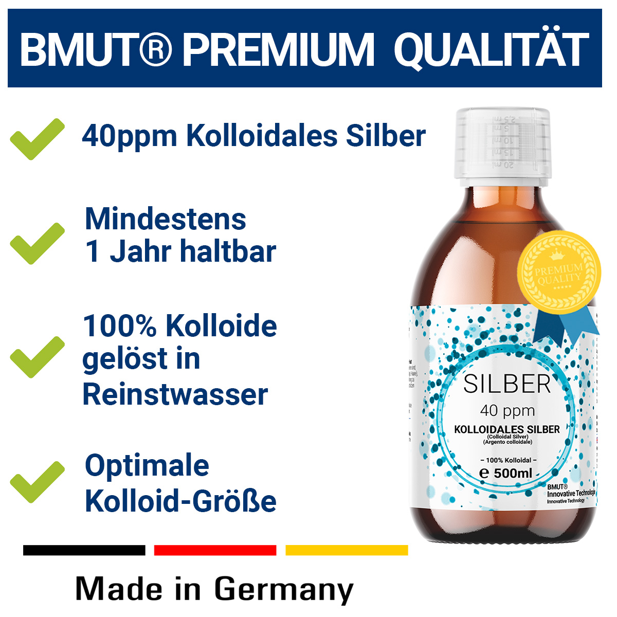 1x 500ml Kolloidales Silber (40 ppm) in Braunglasflasche mit 30ml Spray- Sprühflasche | Silberwasser | Reinstwasser | 100% Kolloidal – Bild 2