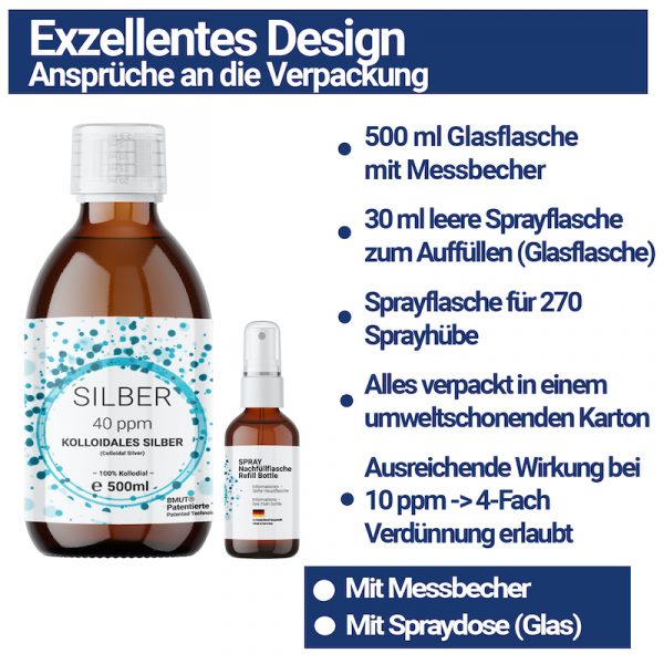 1x 500ml Kolloidales Silber (40 ppm) in Braunglasflasche mit 30ml Spray- Sprühflasche | Silberwasser | Reinstwasser | 100% Kolloidal - Image 4