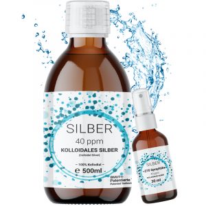 1x 500ml Kolloidales Silber (40 ppm) in Braunglasflasche mit 30ml Spray- Sprühflasche | Silberwasser | Reinstwasser | 100% Kolloidal