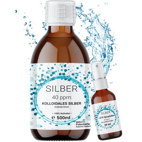 1x 500ml Kolloidales Silber (40 ppm) in Braunglasflasche mit 30ml Spray- Sprühflasche | Silberwasser | Reinstwasser | 100% Kolloidal