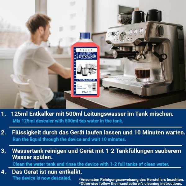 750ml Entkalker Universalentkalker Konzentra für Kaffeevollautomat, Wasserkocher etc. – für 6 Entkalkungen/Anwendungen je 125ml - immagine 5