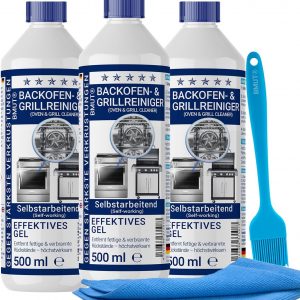 3x500ml (1,5 Liter) Backofenreiniger extra stark | mit Pinsel + Mikrofasertuch XXL | Gel Paste | Grillreiniger | gegen Eingebranntes & Verkrustungen | selbstarbeitend