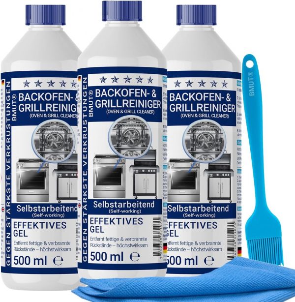 3x500ml (1,5 Liter) Backofenreiniger extra stark | mit Pinsel + Mikrofasertuch XXL | Gel Paste | Grillreiniger | gegen Eingebranntes & Verkrustungen | selbstarbeitend
