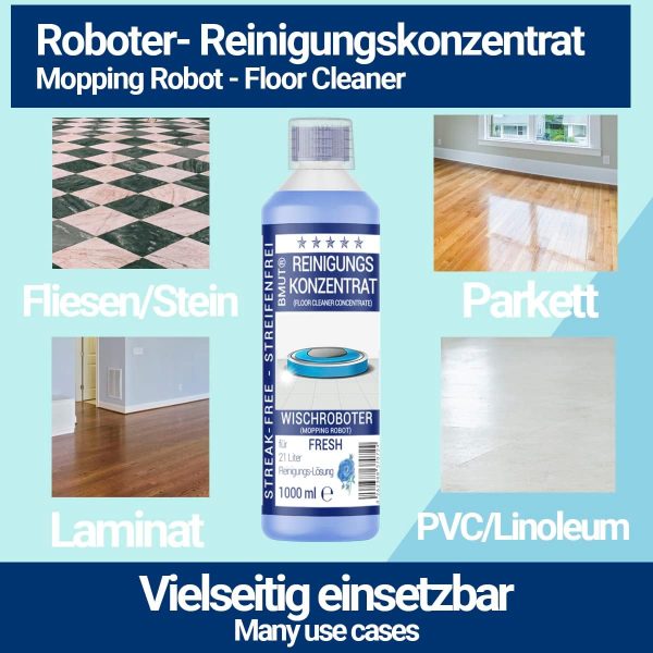 BMUT 1x 1000ml Wischroboter Reinigungsmittel Konzentrat mit Frische-Duft & Dosierbecher | Streifenfrei & schaumarm | Saugwischer | Bodenreiniger - Image 5