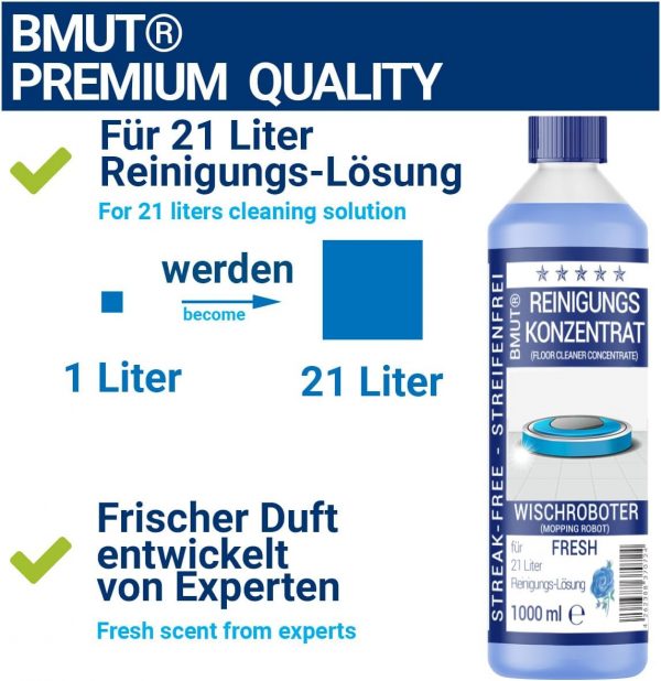 BMUT 1x 1000ml Wischroboter Reinigungsmittel Konzentrat mit Frische-Duft & Dosierbecher | Streifenfrei & schaumarm | Saugwischer | Bodenreiniger - Image 3