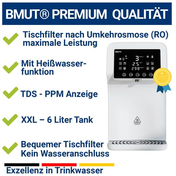 BMUT Osmoseanlage (RO) Auftischfilter (mobil) | mit Temperaturstufen (bis ~100°C) & TDS |  kein Wasseranschluss nötig | kalkfreies Trinkwasser – Wasserspender – Heißwasser - immagine 6