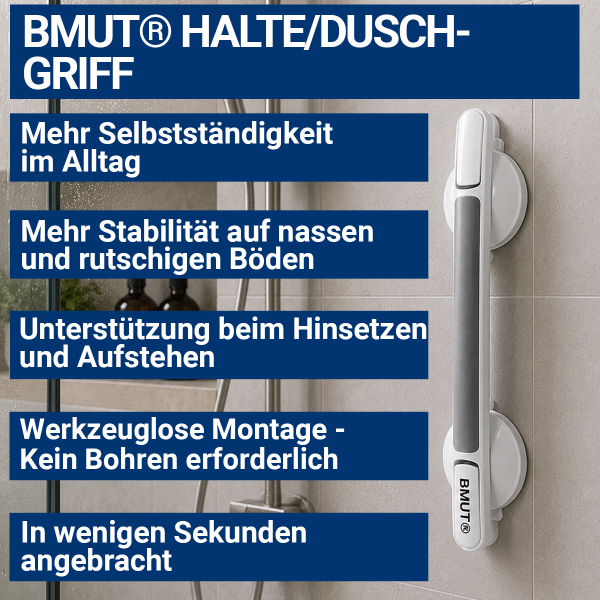 BMUT Haltegriff Dusche mit Saugnapf – Duschgriff ohne Bohren, Haltegriff Badewanne, Badewannengriff, Sauggriff Bad für Senioren, Schwangere & Menschen mit eingeschränkter Mobilität – Bild 2