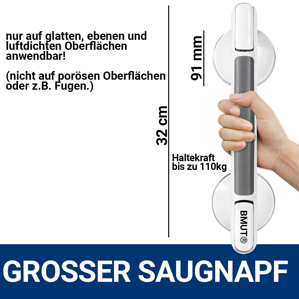BMUT Haltegriff Dusche mit Saugnapf – Duschgriff ohne Bohren, Haltegriff Badewanne, Badewannengriff, Sauggriff Bad für Senioren, Schwangere & Menschen mit eingeschränkter Mobilität – Bild 4